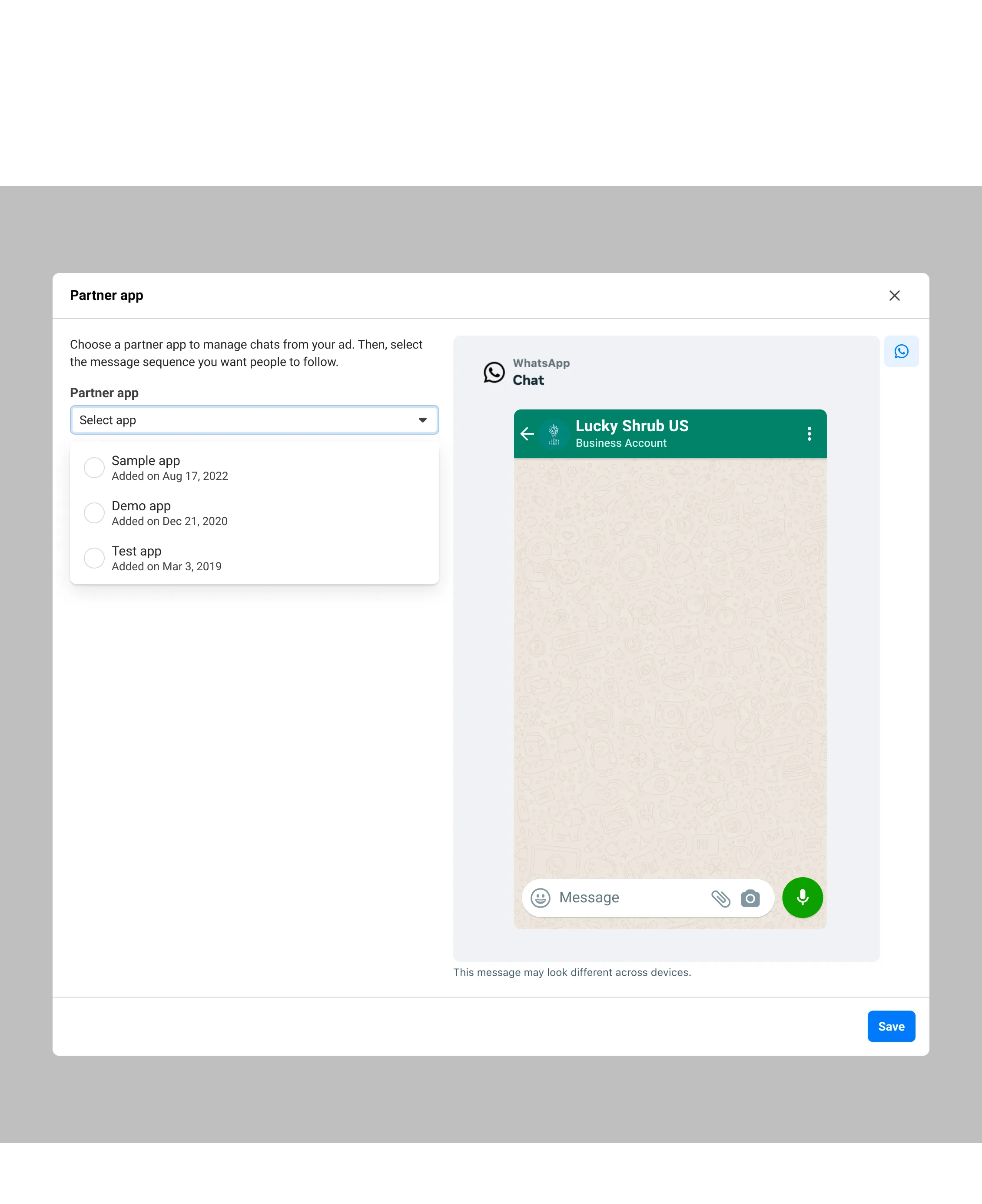 Partner app dropdown menu selection