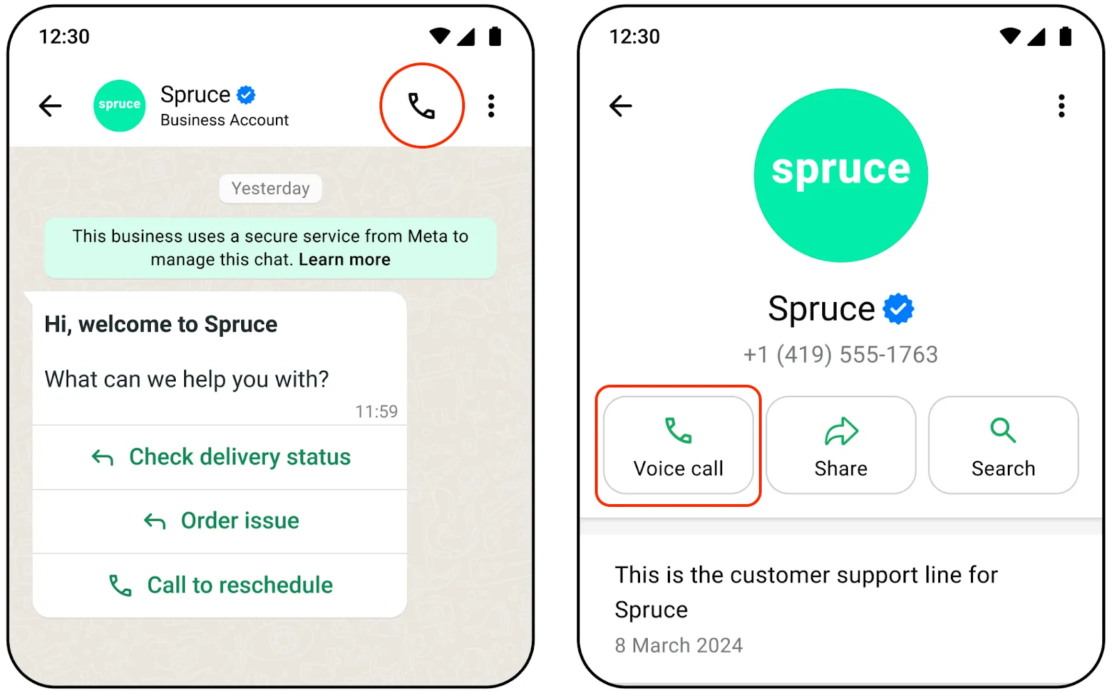 Screenshot showing the call button icon displayed in the WhatsApp chat menu bar and business info page